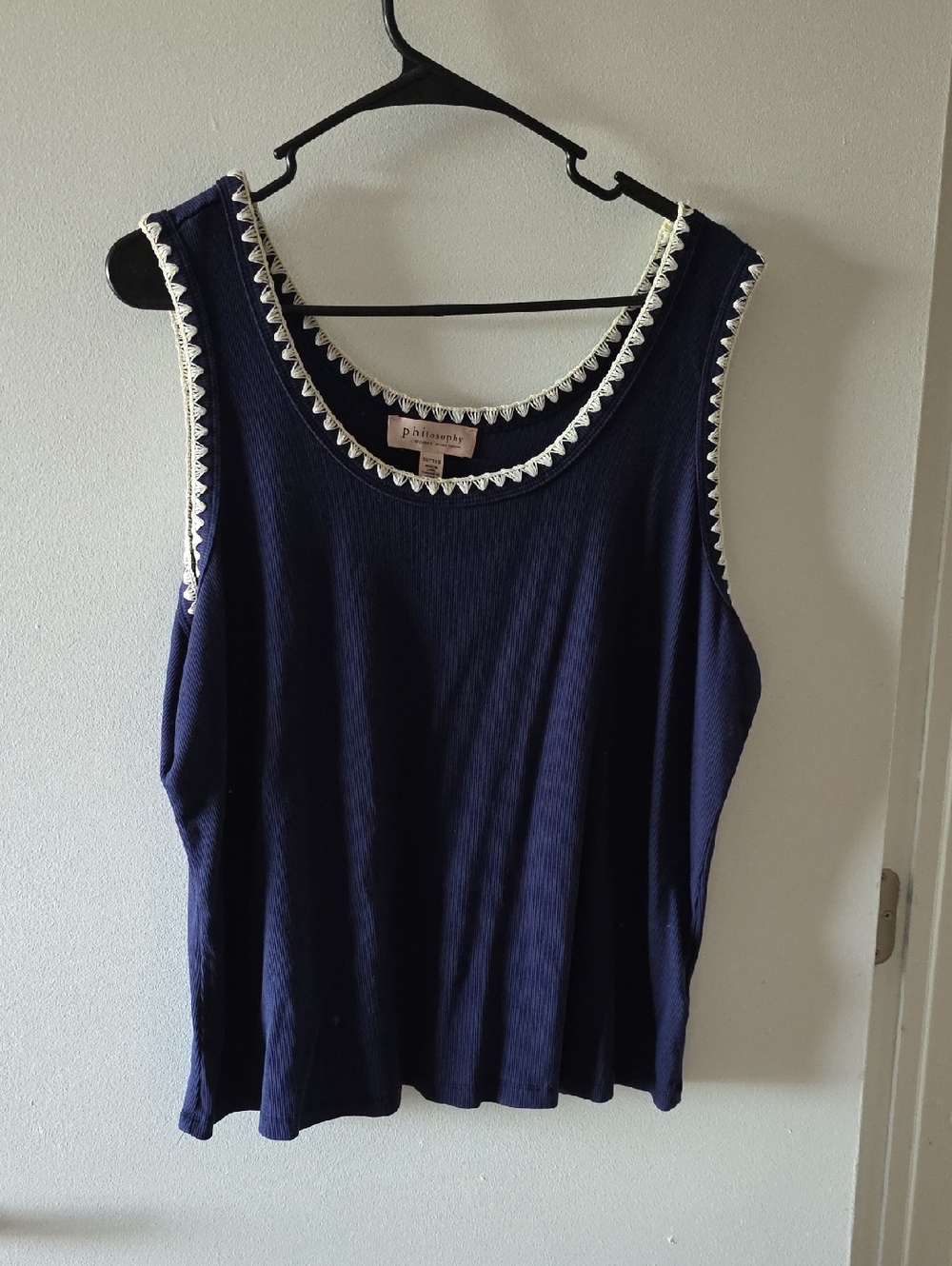 Philosophy Navy Ribbed Tank with White Crochet Trim